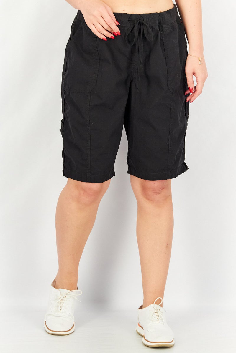 Women Solid Rolled Cuff Utility Shorts, Black