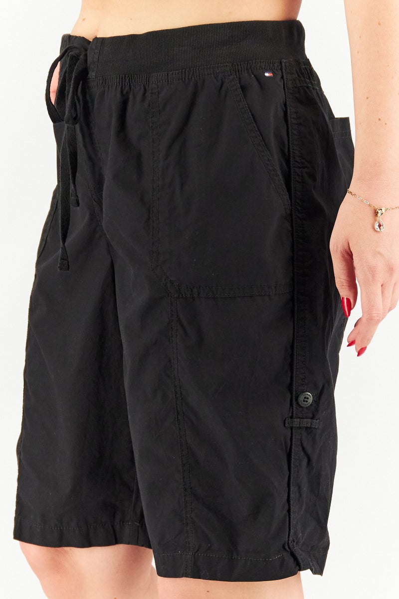 Women Solid Rolled Cuff Utility Shorts, Black