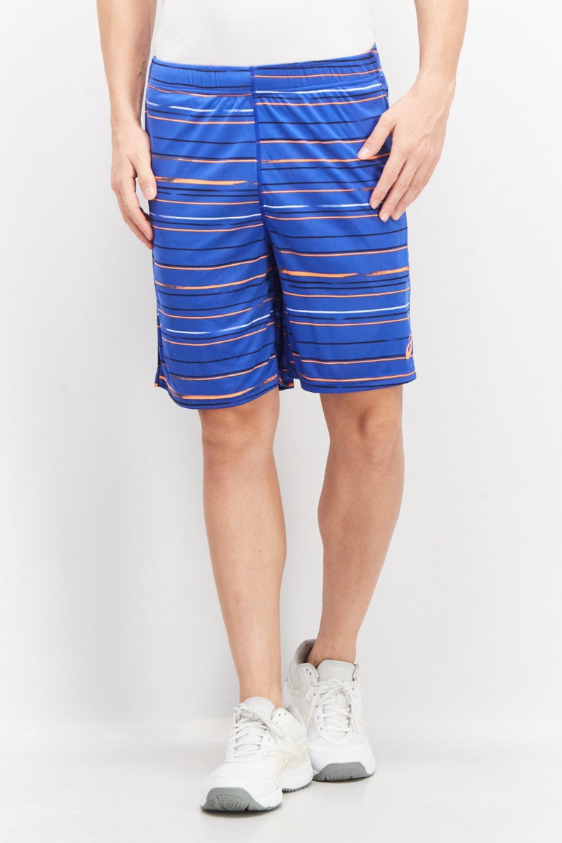 Men Athletic Fit Brand Logo Drawstring Tennis Short, Blue/Orange