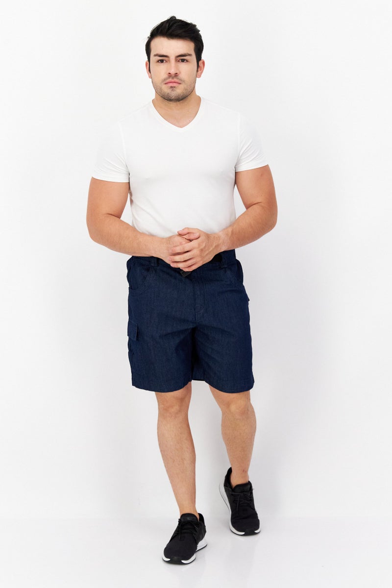 Men Textured Denim Style Cargo Shorts, Navy