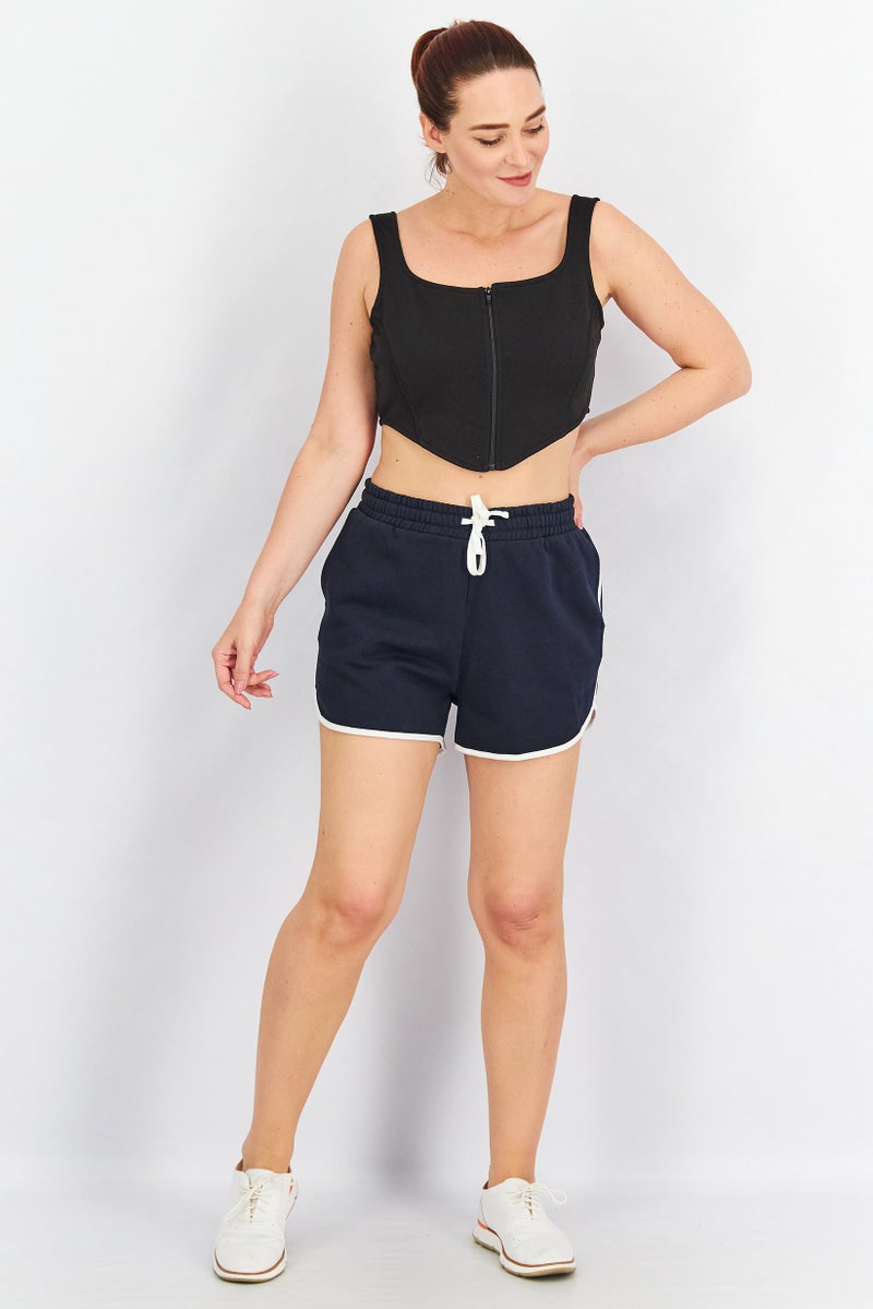 Women Plain Drawstring Shorts, NavyWhite