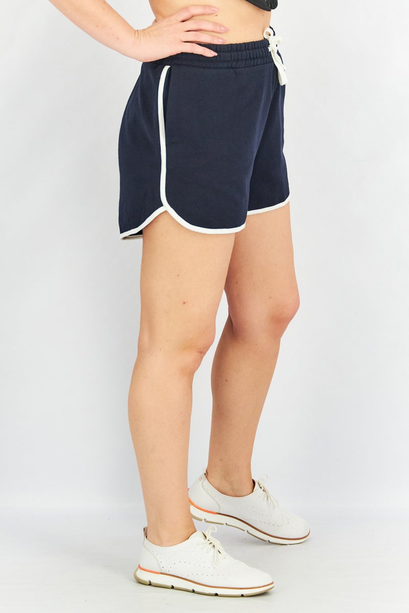 Women Plain Drawstring Shorts, NavyWhite