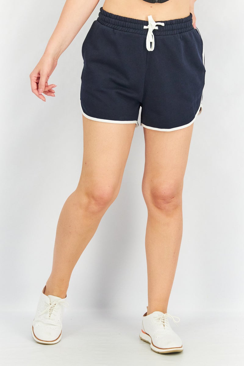 Women Plain Drawstring Shorts, NavyWhite