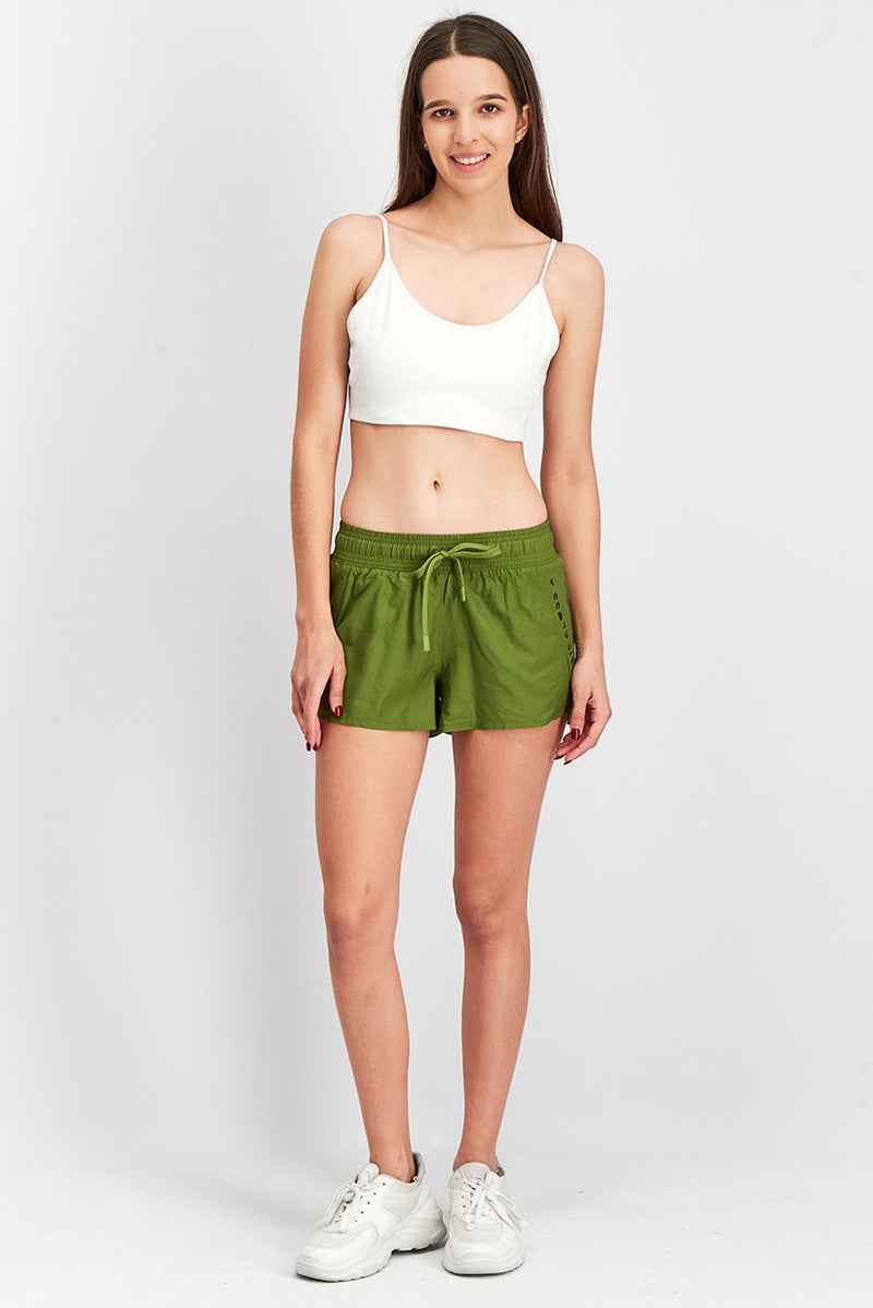 Women Drawstring Printed Logo Short, Green