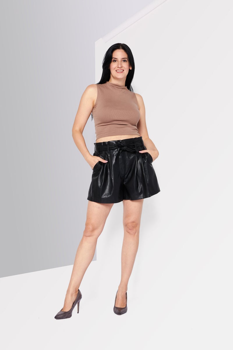 Women Faux-Leather Tie-Waist Shorts, Black