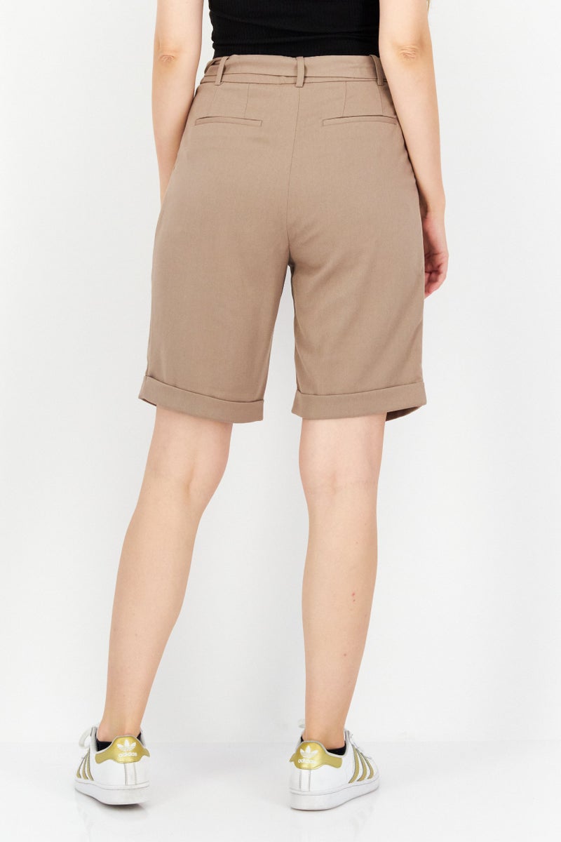 Women Belted Plain Shorts, Taupe