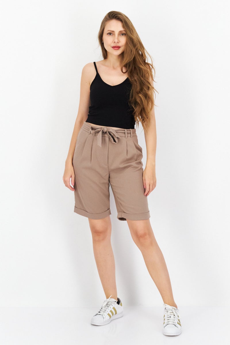 Women Belted Plain Shorts, Taupe