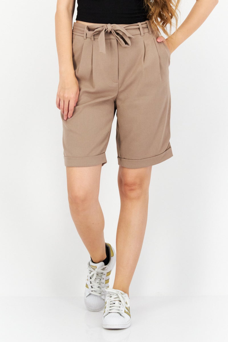 Women Belted Plain Shorts, Taupe