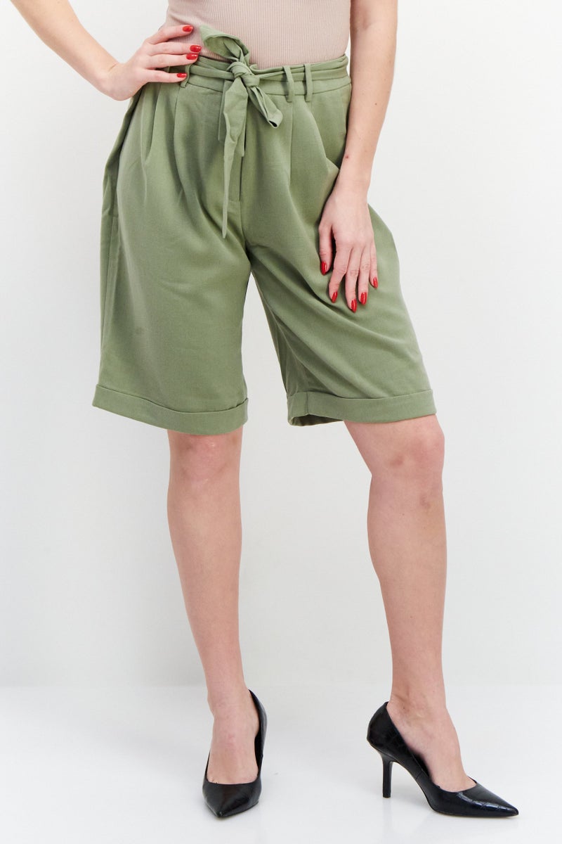 Women Belted Plain Basic Shorts, Light Olive