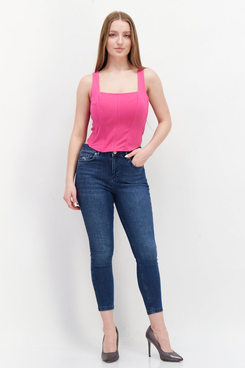 Women Square Neck Sleeveless Plain Crop Tops, Pink