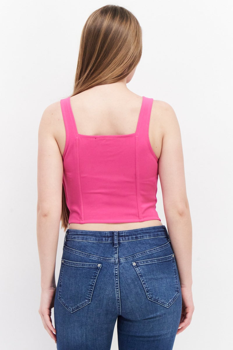 Women Square Neck Sleeveless Plain Crop Tops, Pink
