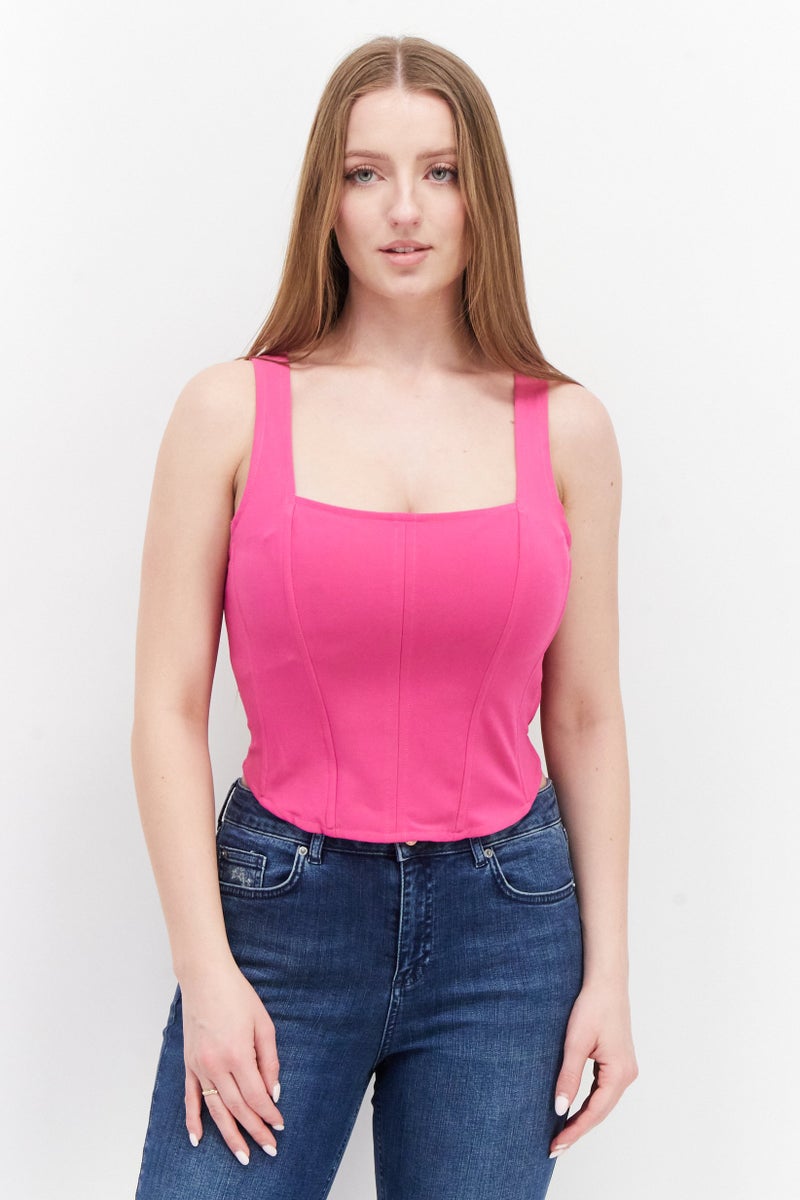 Women Square Neck Sleeveless Plain Crop Tops, Pink