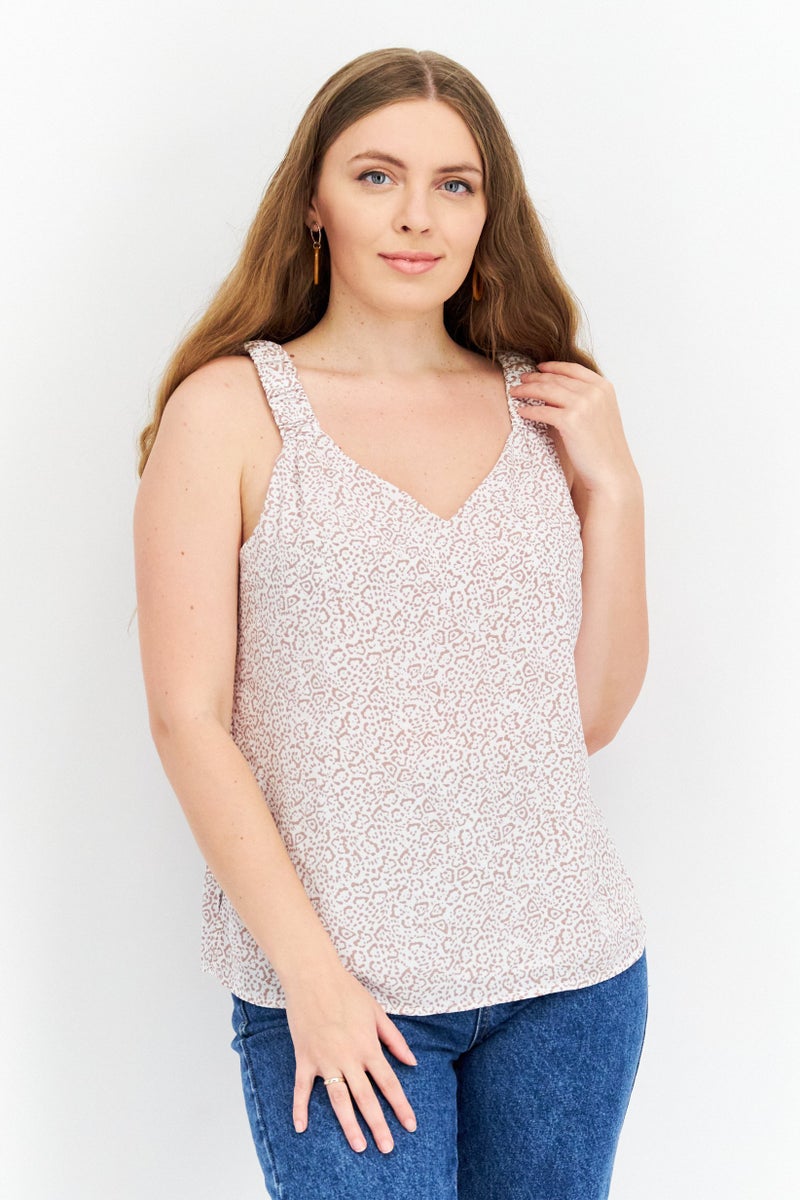 Women V Neck Sleeveless Animal Print Tank Top, White