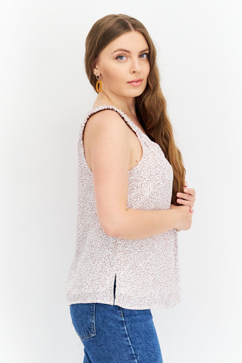 Women V Neck Sleeveless Animal Print Tank Top, White