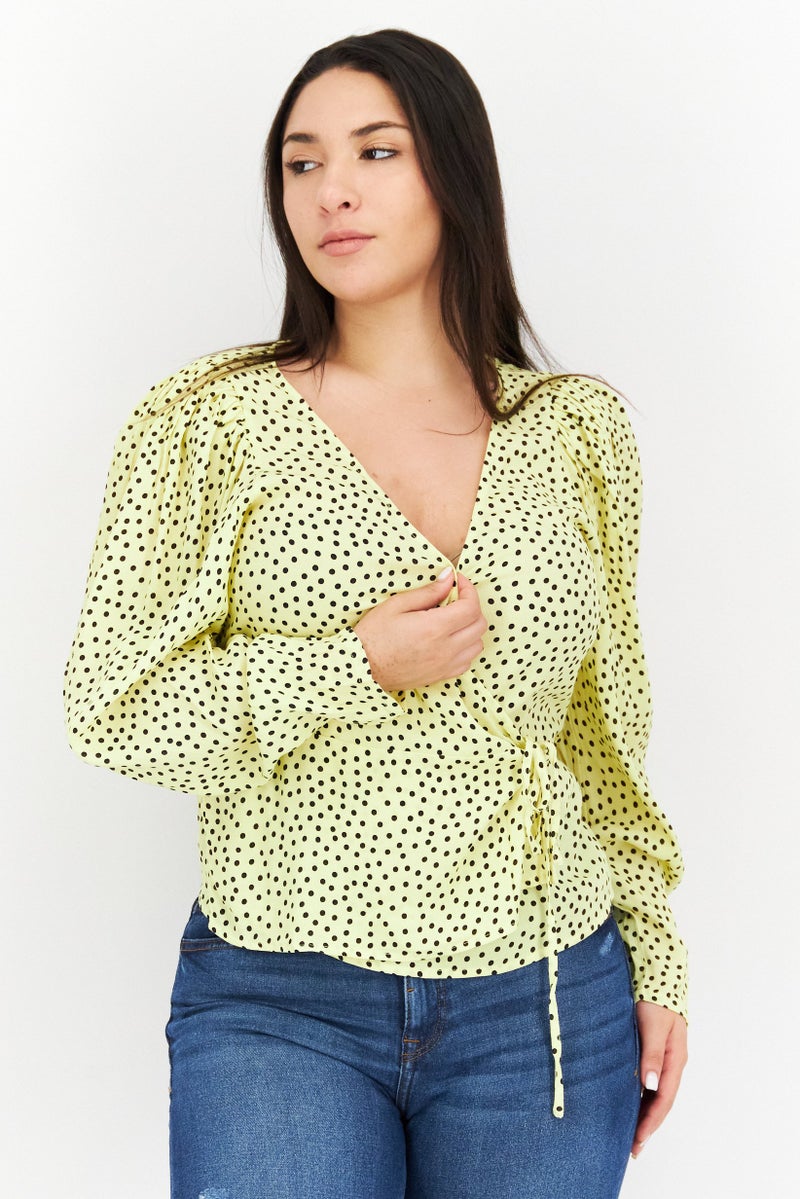 Women Tie Neck Long Sleeve Allover Print Top, Yellow/Black