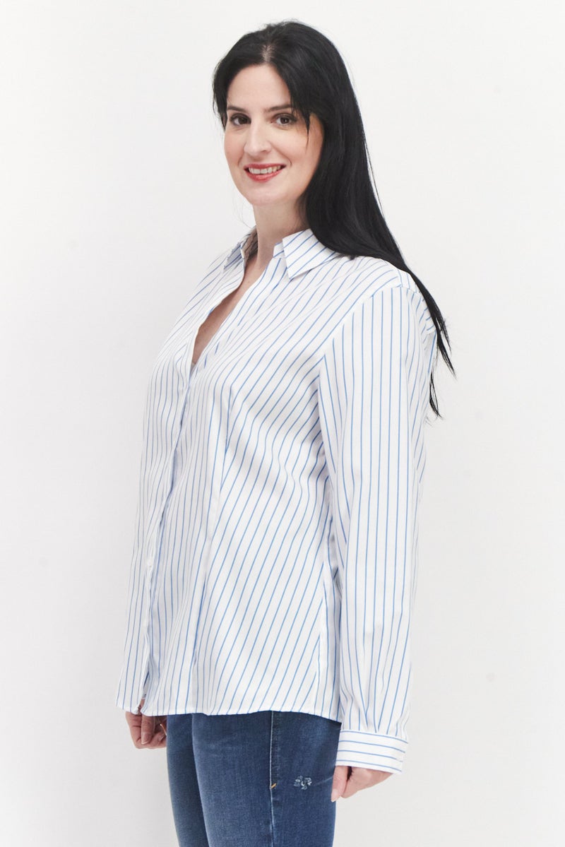 Women Spread Collar Long Sleeve Stripe Shirt, White/Blue