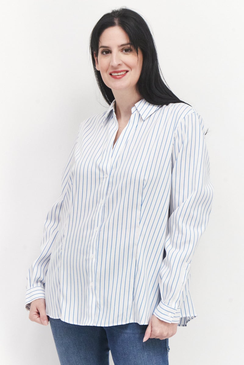 Women Spread Collar Long Sleeve Stripe Shirt, White/Blue