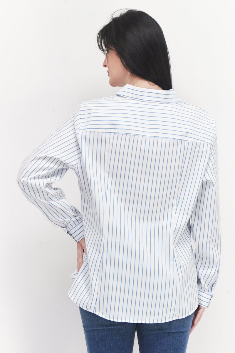 Women Spread Collar Long Sleeve Stripe Shirt, White/Blue