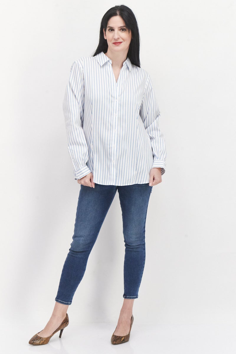 Women Spread Collar Long Sleeve Stripe Shirt, White/Blue