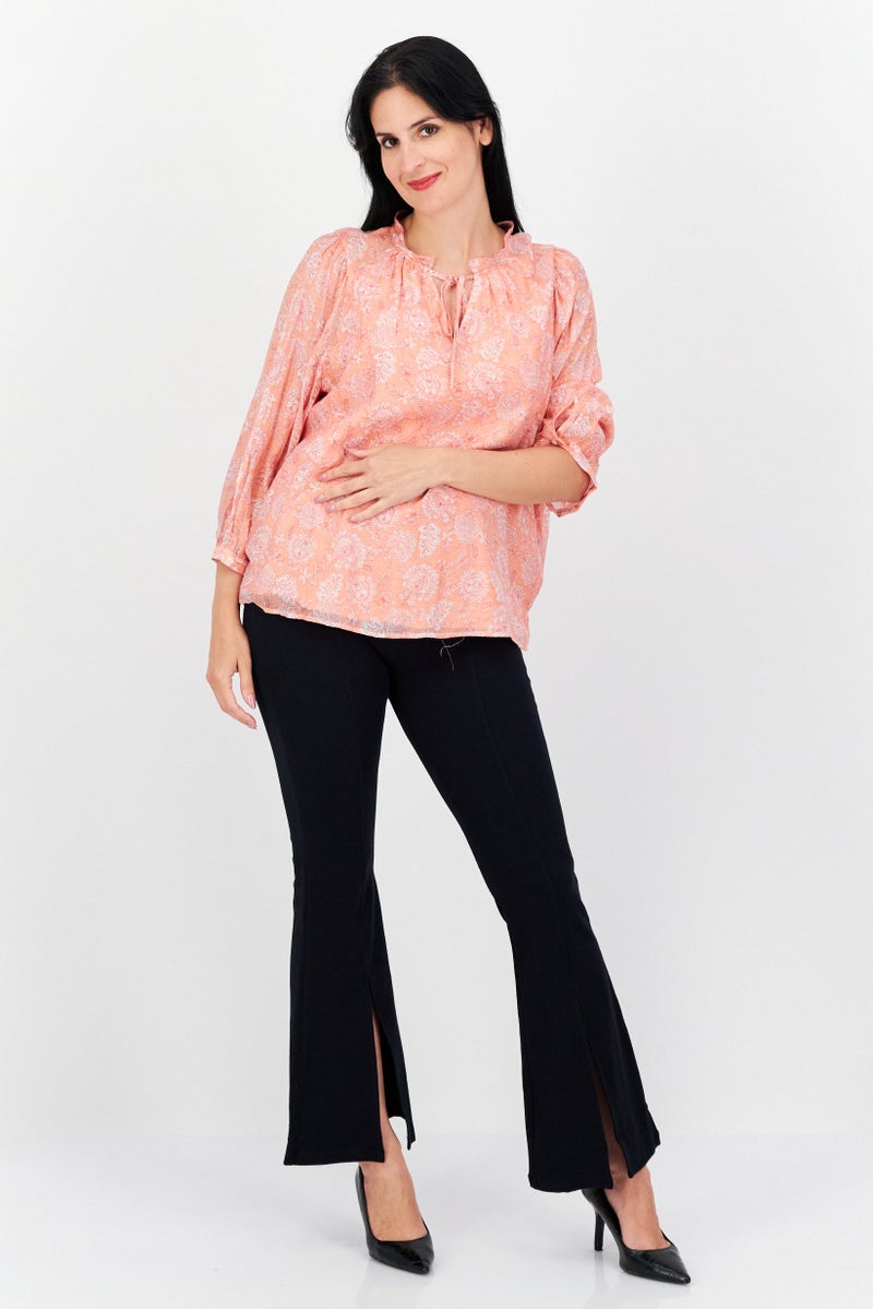 Women Tie Neck 3/4 Sleeve Floral Top, Coral