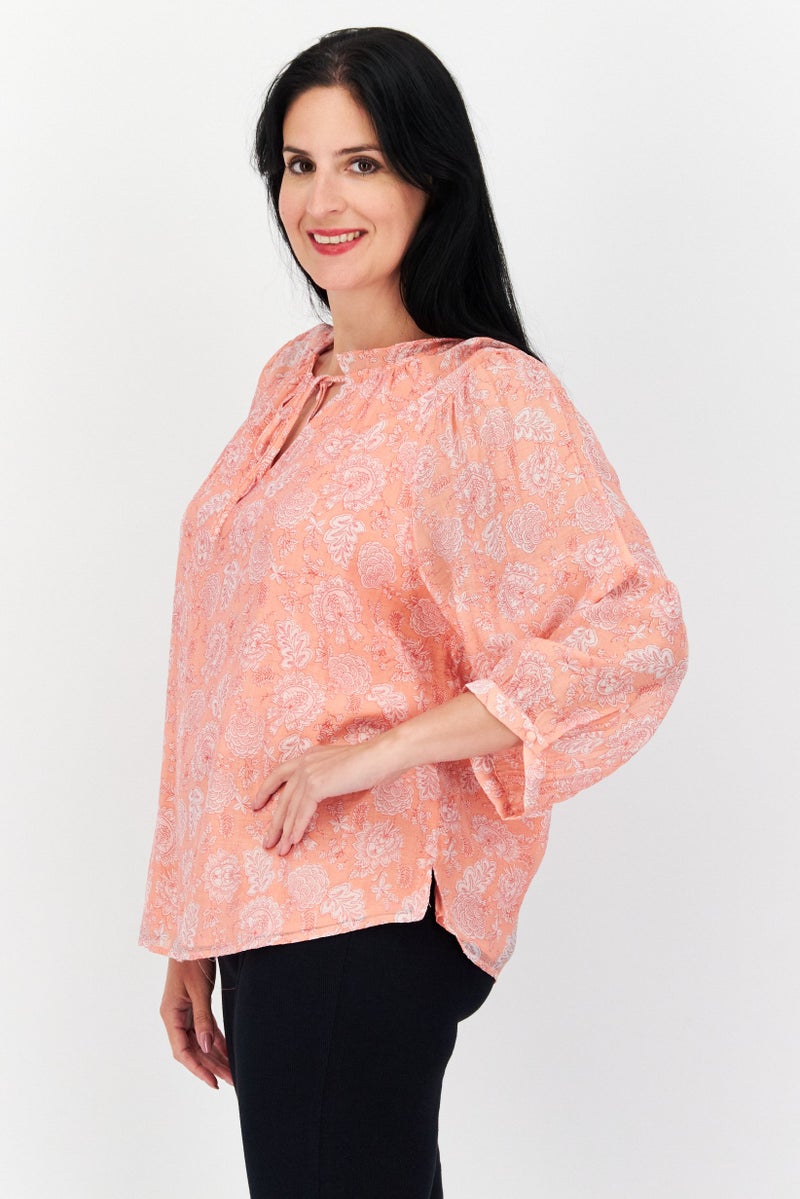 Women Tie Neck 3/4 Sleeve Floral Top, Coral