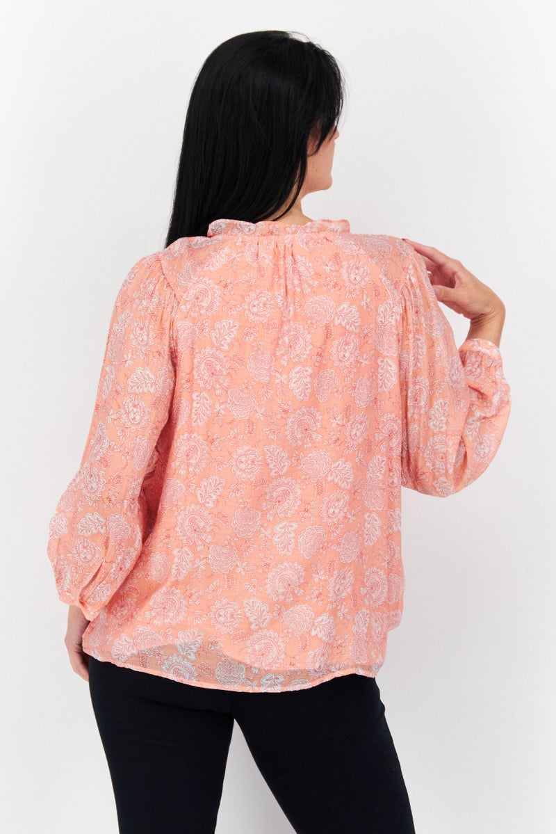 Women Tie Neck 3/4 Sleeve Floral Top, Coral