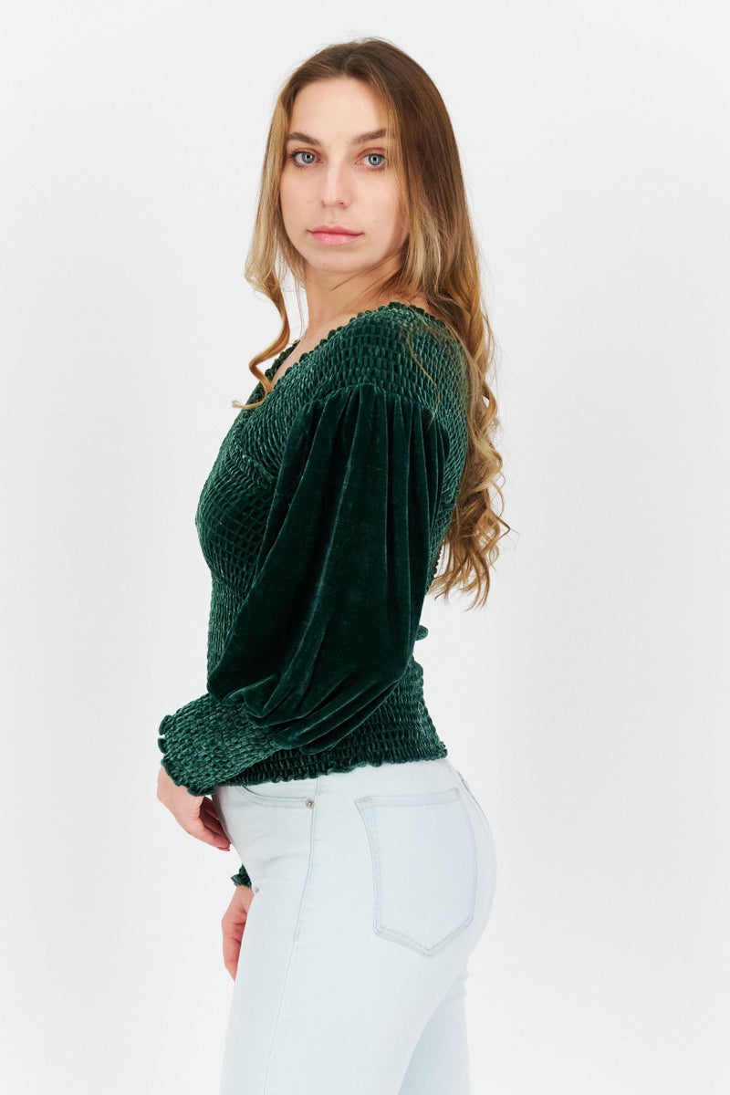 Women Off Shoulder Neckline Long Sleeve Velvet Blouse, Forest Green