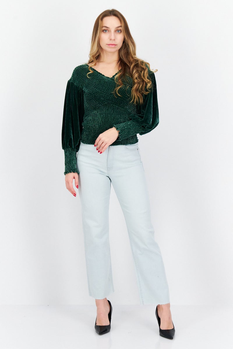 Women Off Shoulder Neckline Long Sleeve Velvet Blouse, Forest Green