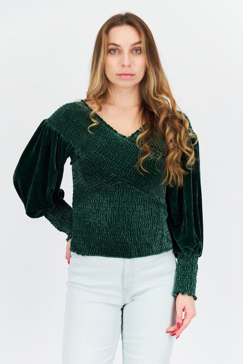 Women Off Shoulder Neckline Long Sleeve Velvet Blouse, Forest Green