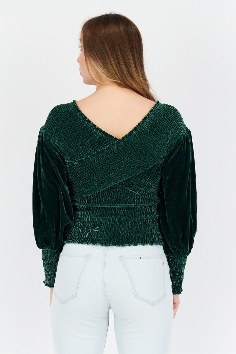 Women Off Shoulder Neckline Long Sleeve Velvet Blouse, Forest Green