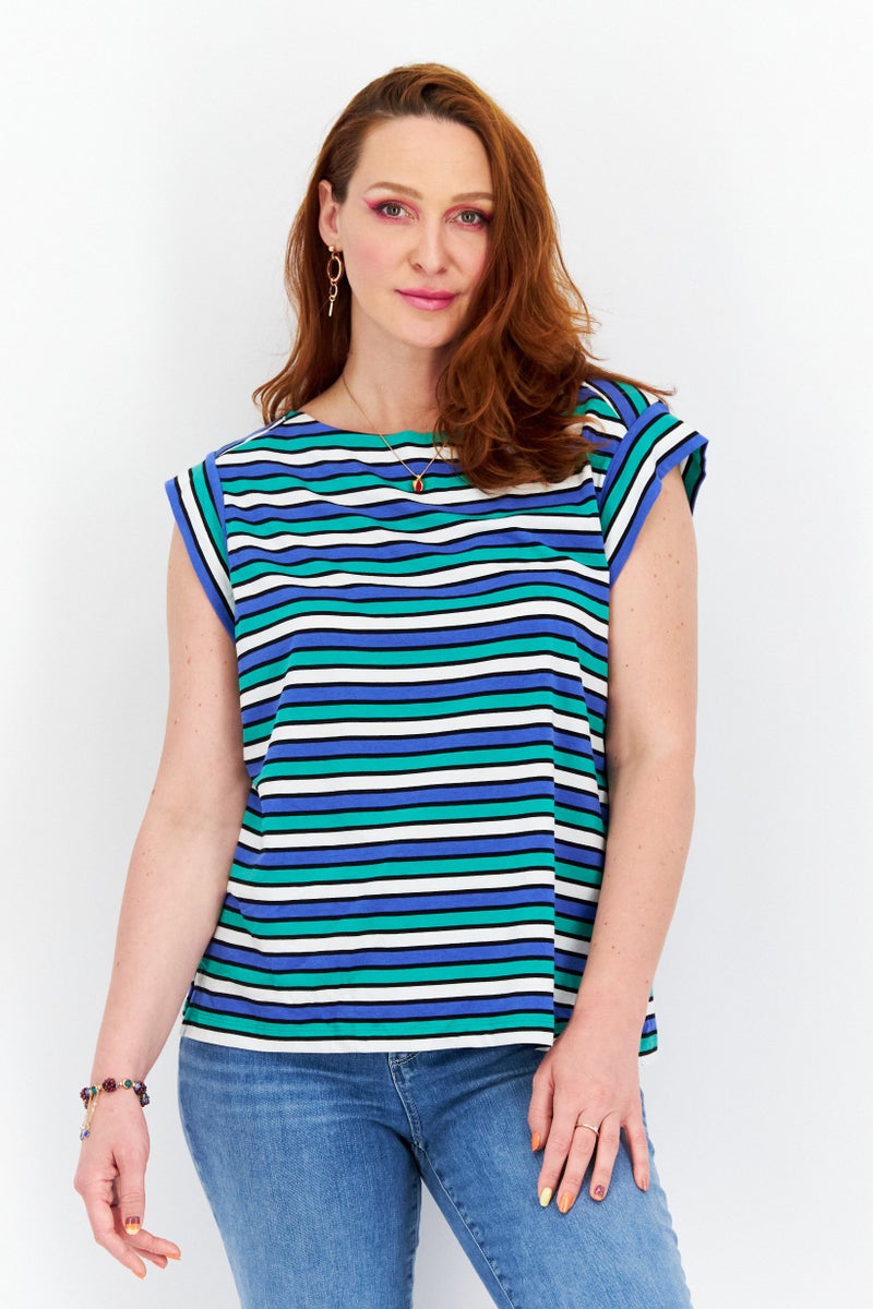 Women Plus Size Boat Neck Cap Sleeve Stripe Top, Blue