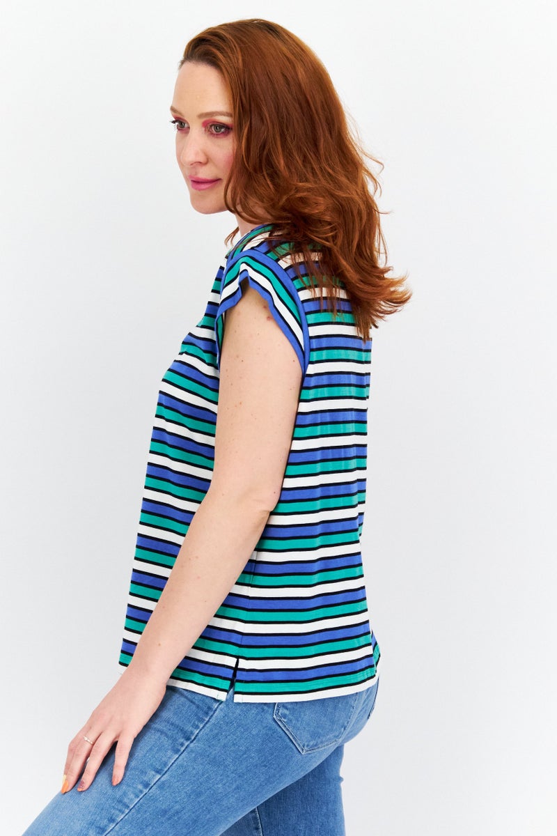 Women Plus Size Boat Neck Cap Sleeve Stripe Top, Blue