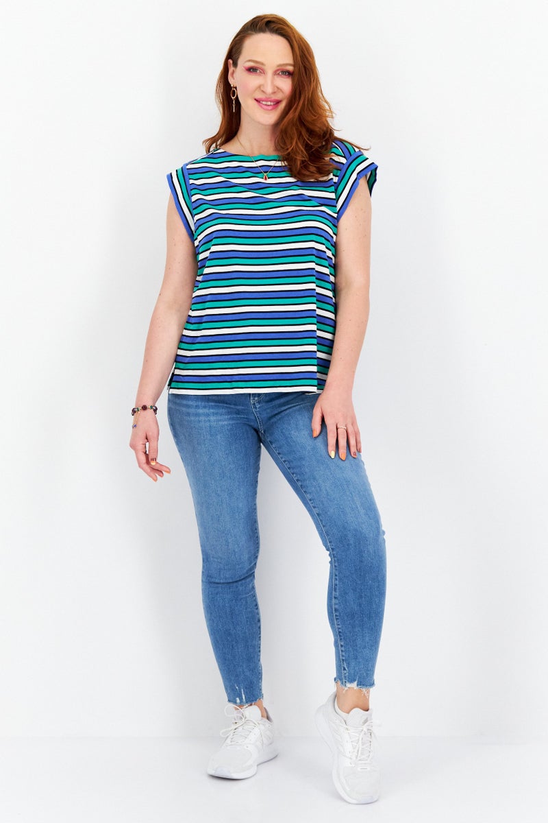 Women Plus Size Boat Neck Cap Sleeve Stripe Top, Blue