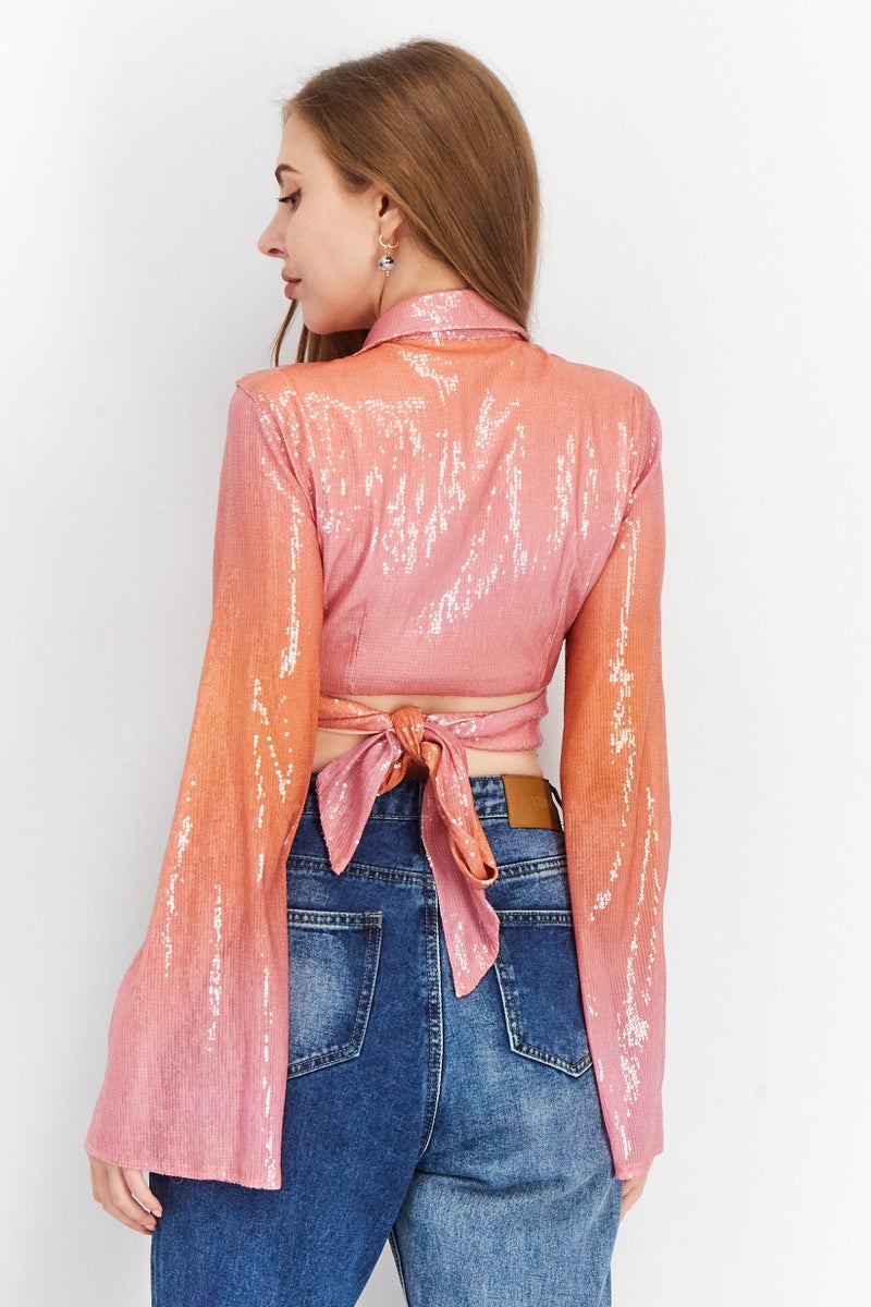 Women Spread Collar Long Sleeve Textured Blouse Top, Pink Combo