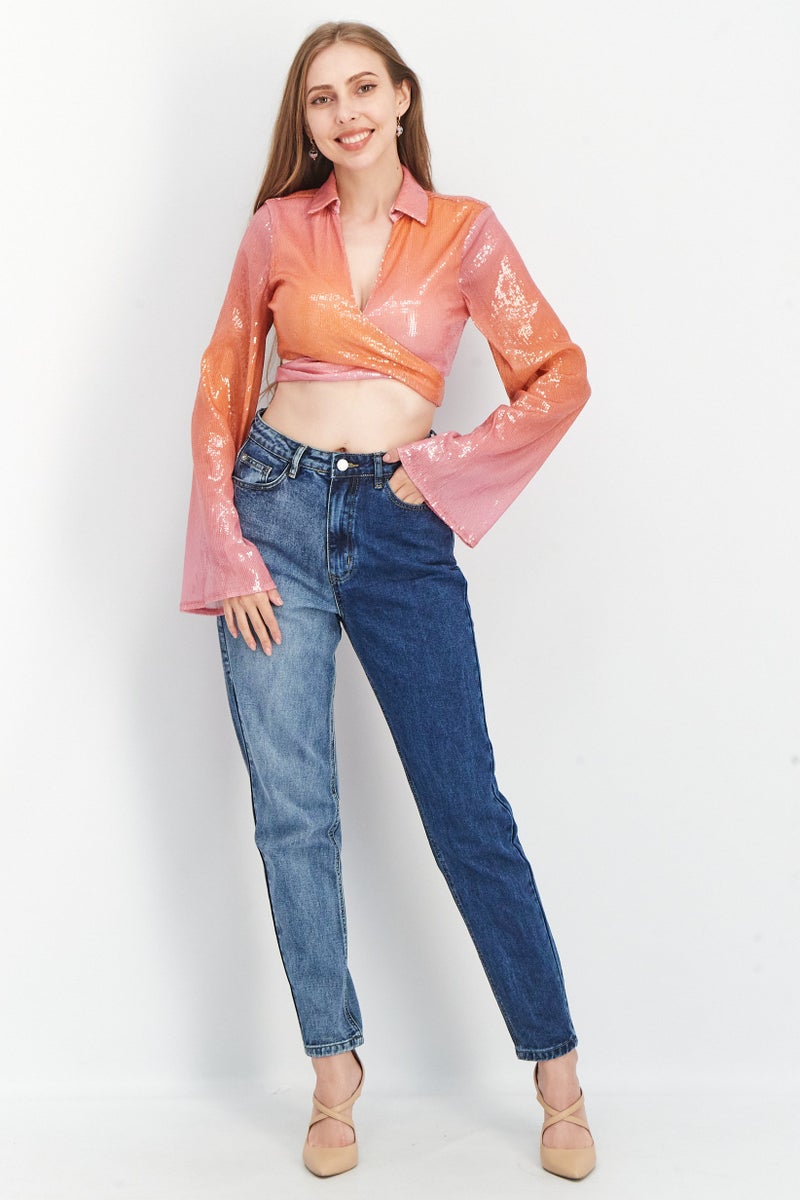 Women Spread Collar Long Sleeve Textured Blouse Top, Pink Combo