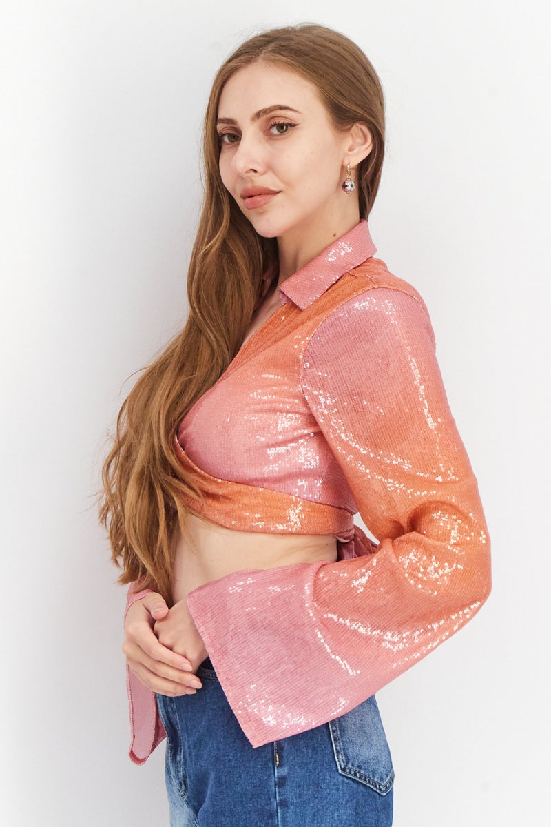 Women Spread Collar Long Sleeve Textured Blouse Top, Pink Combo