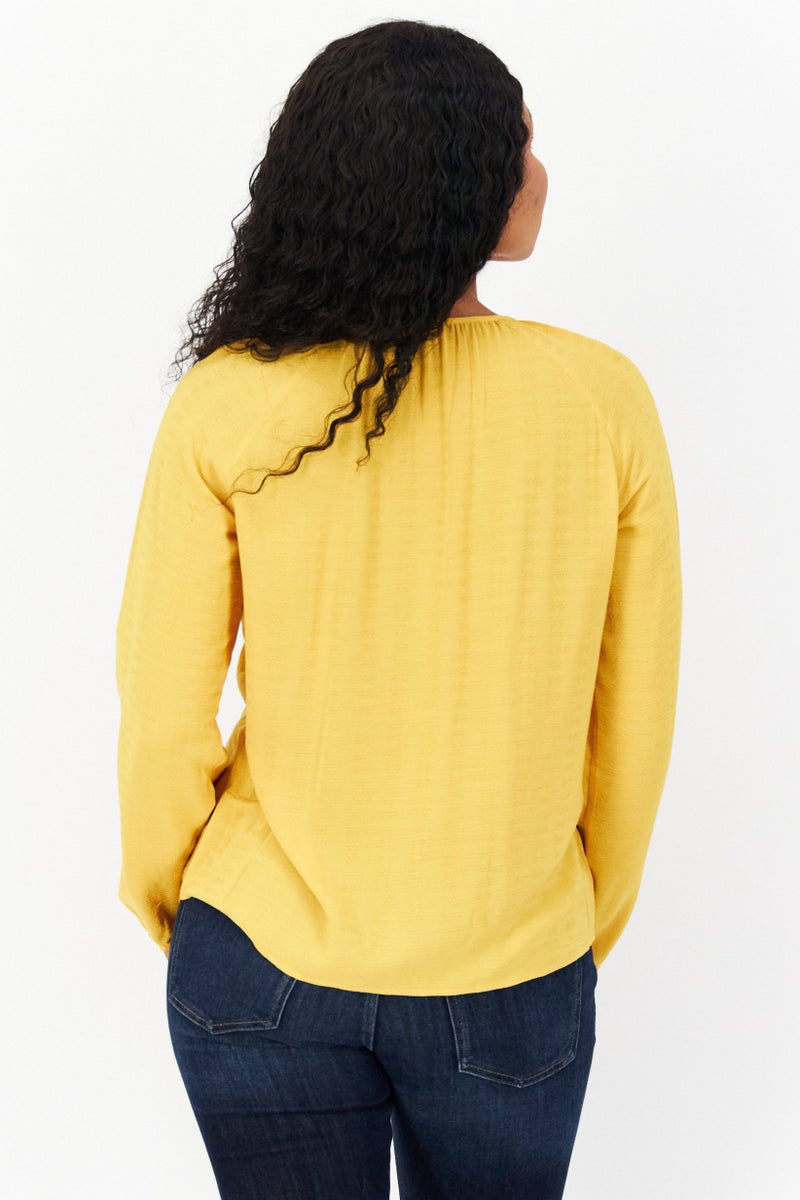 Women Tie Neck Long Sleeve Textured Blouse, Yellow
