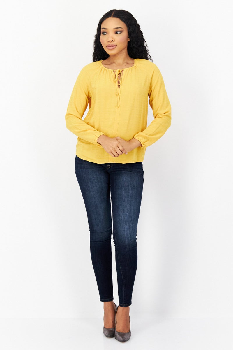 Women Tie Neck Long Sleeve Textured Blouse, Yellow