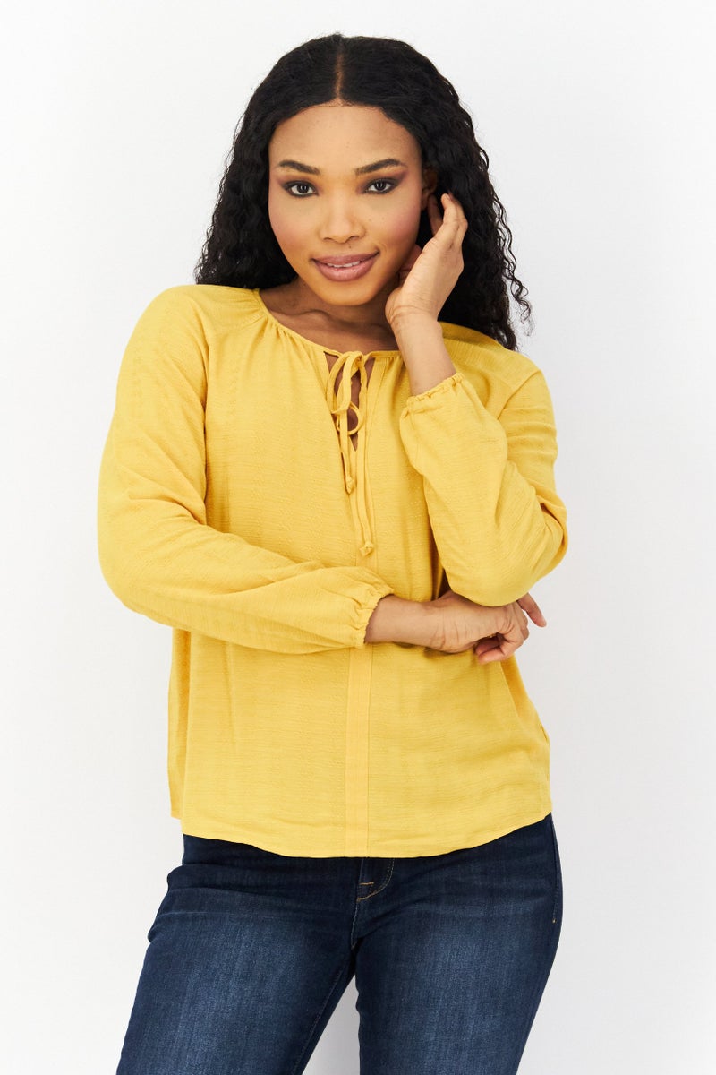 Women Tie Neck Long Sleeve Textured Blouse, Yellow