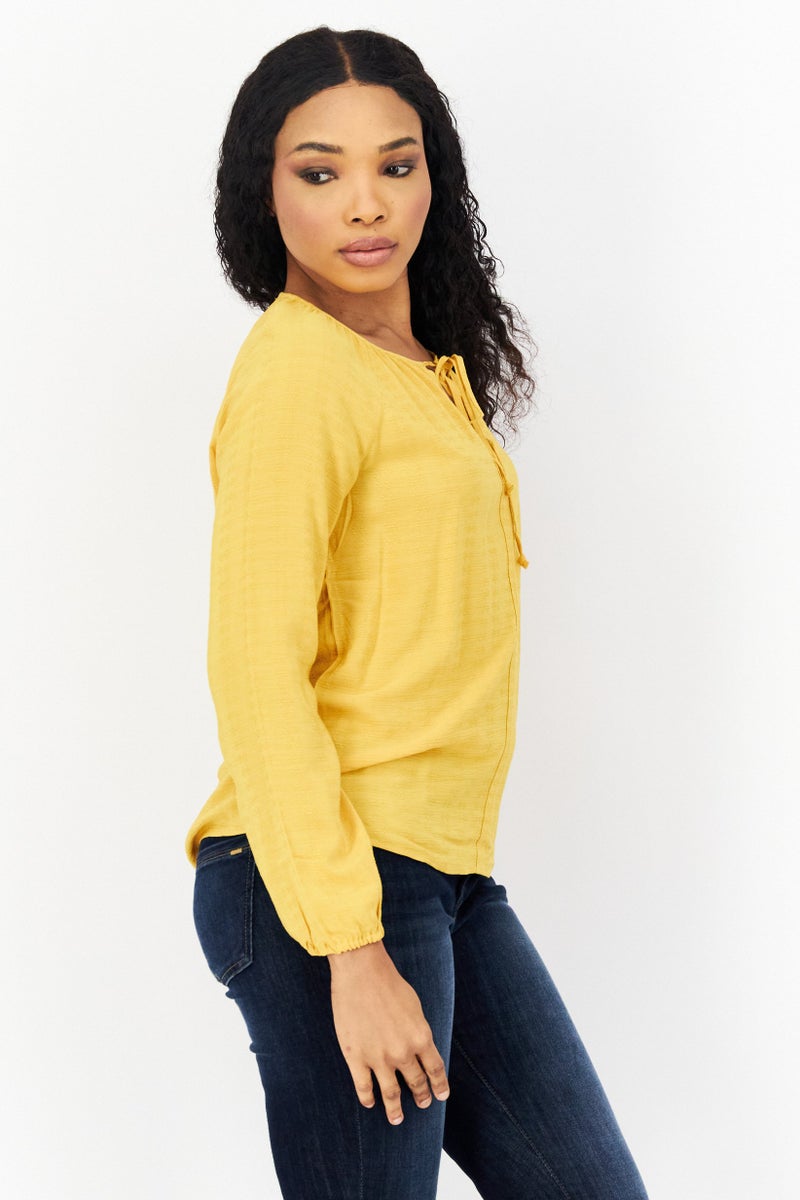 Women Tie Neck Long Sleeve Textured Blouse, Yellow