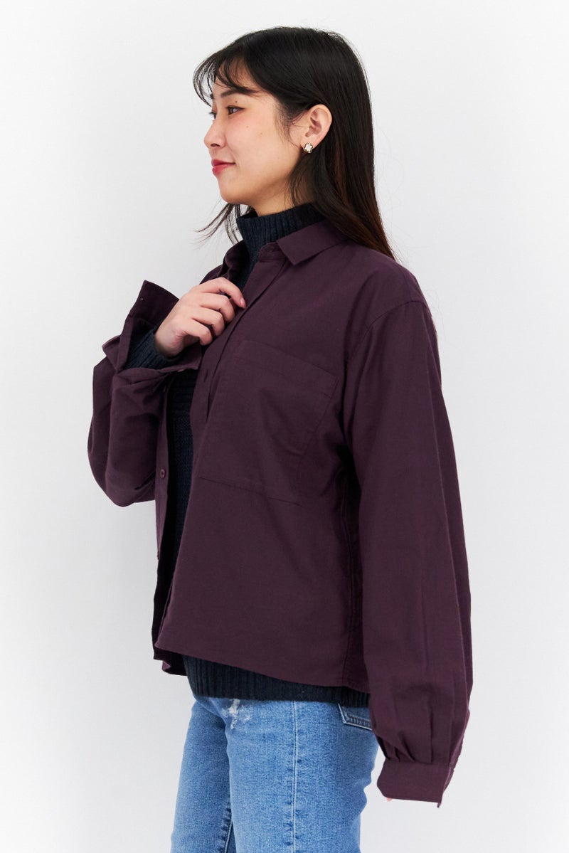 Women Spread Collar Long Sleeves Plain Shirt, Purple