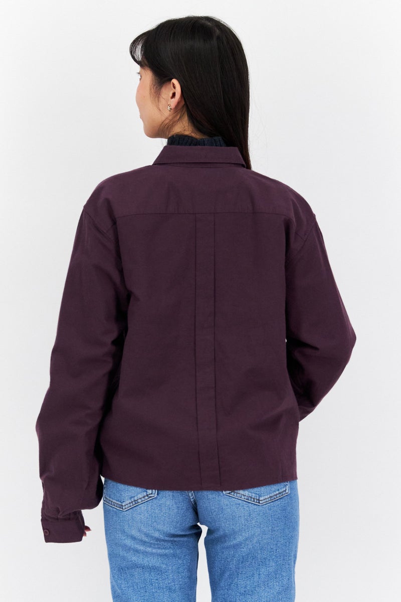 Women Spread Collar Long Sleeves Plain Shirt, Purple