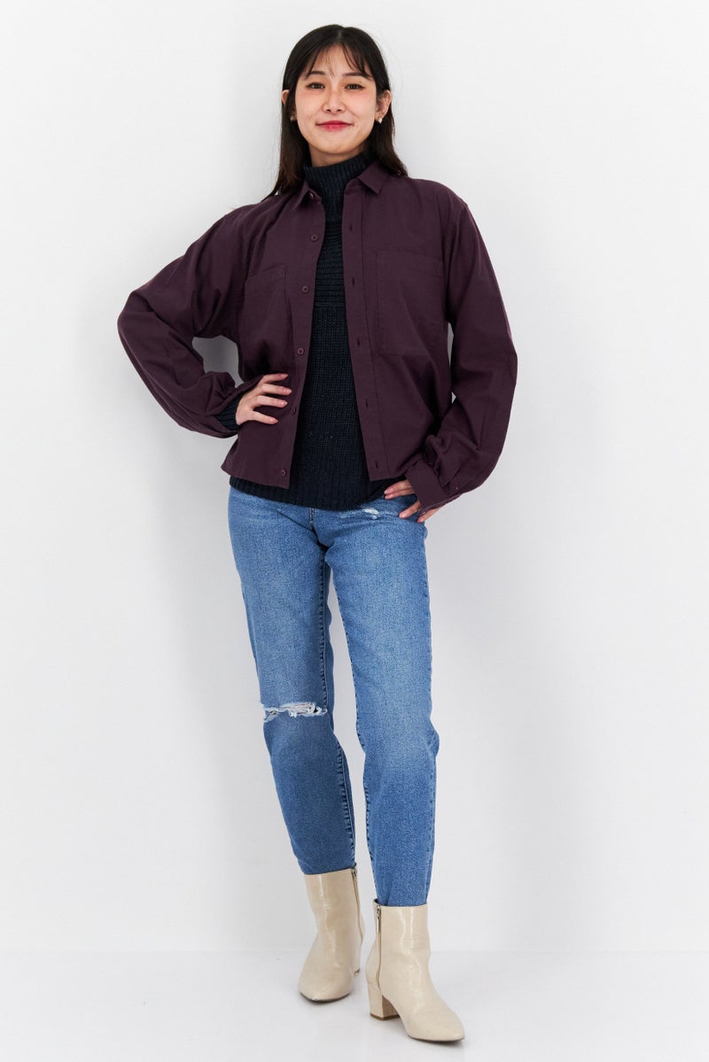 Women Spread Collar Long Sleeves Plain Shirt, Purple