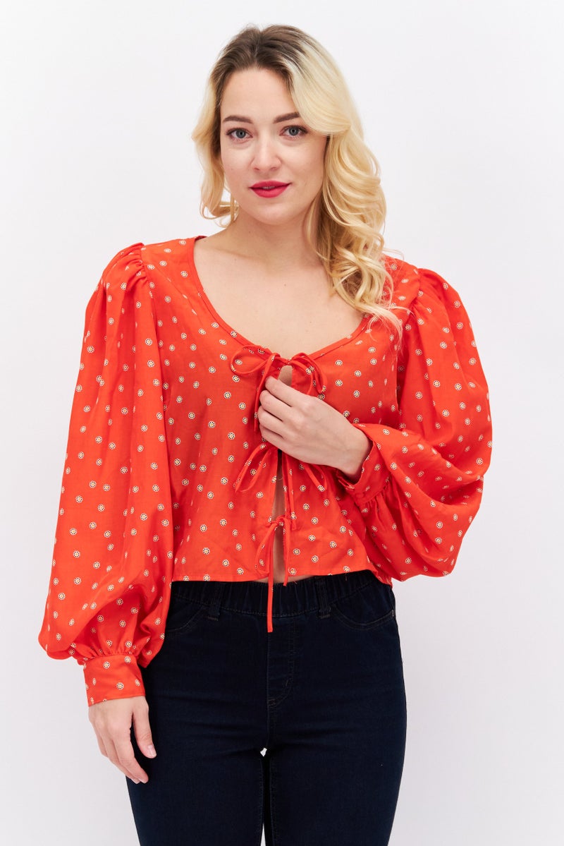 Women Tie Neck Long Sleeve Allover Print Top, Red