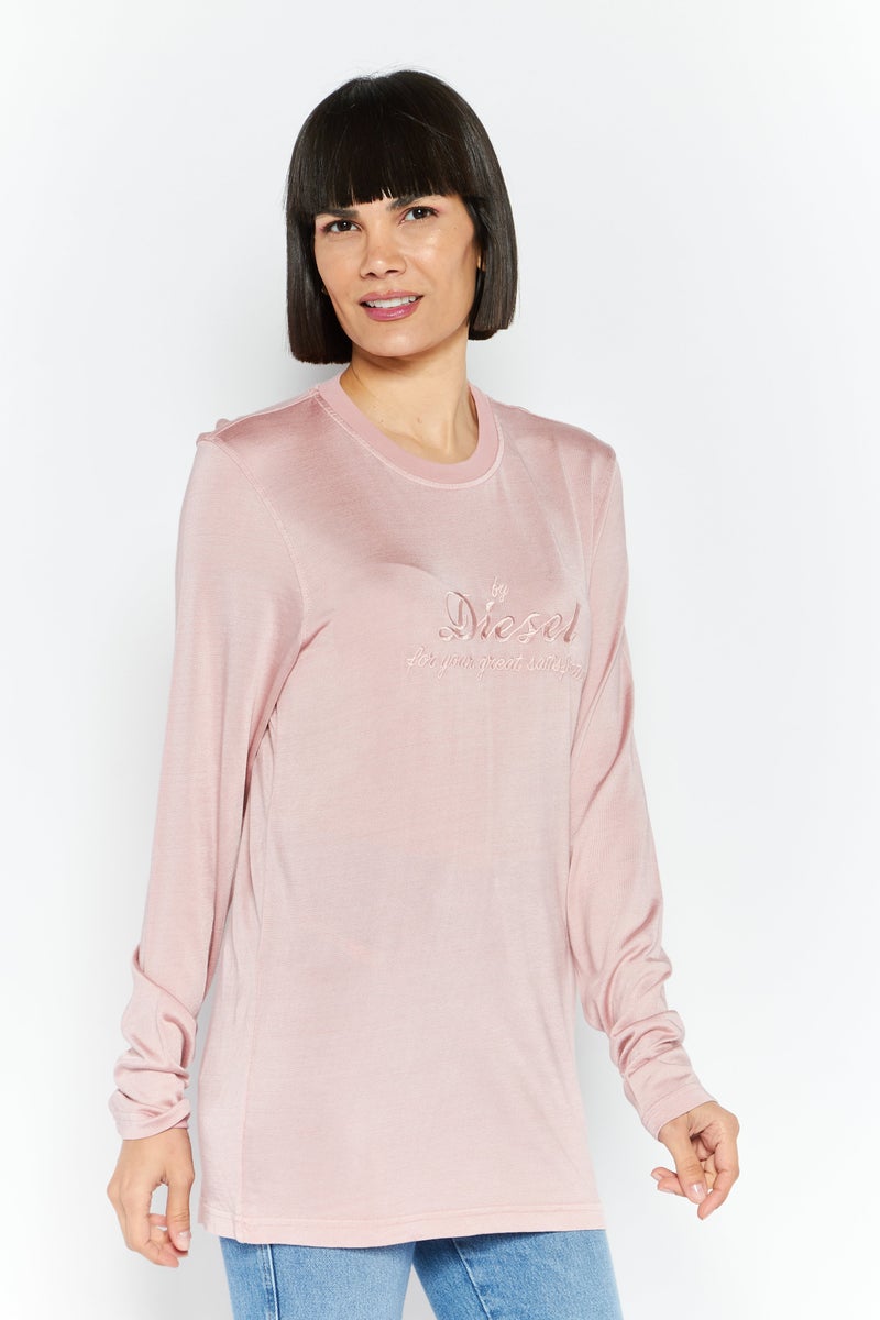 Women Crew Neck Long Sleeves Embroidered Logo Blouse, Pink
