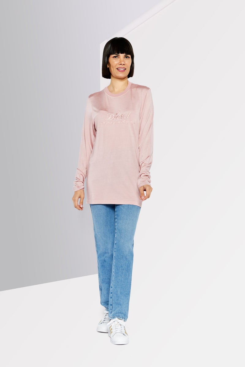 Women Crew Neck Long Sleeves Embroidered Logo Blouse, Pink