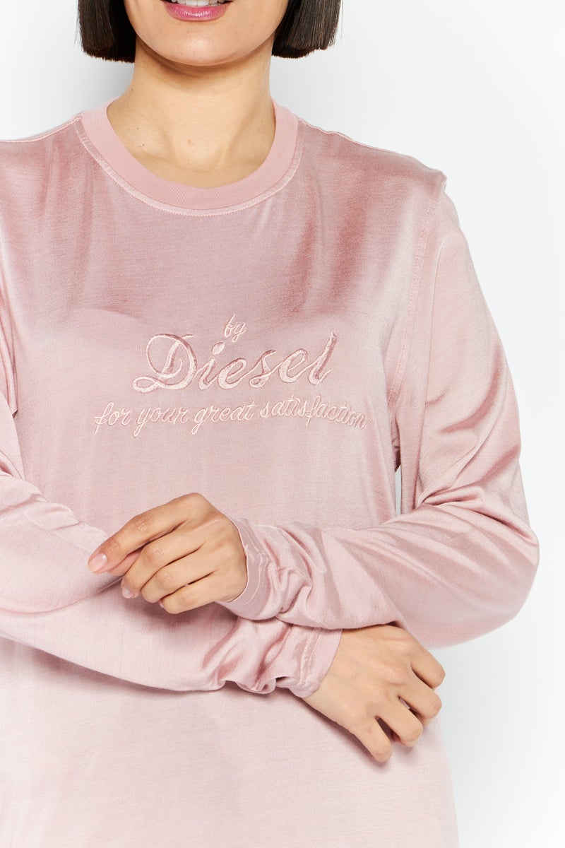 Women Crew Neck Long Sleeves Embroidered Logo Blouse, Pink