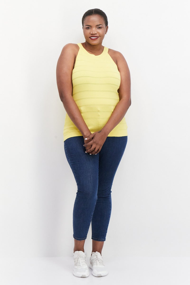 Women Plus Size Round Neck Top, Yellow