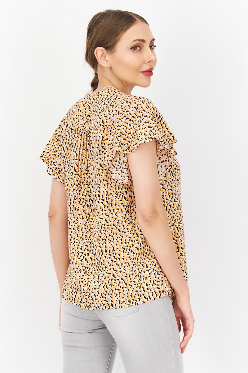 Women V-Neck Ruffle Neck Allover Print Top, Yellow Combo