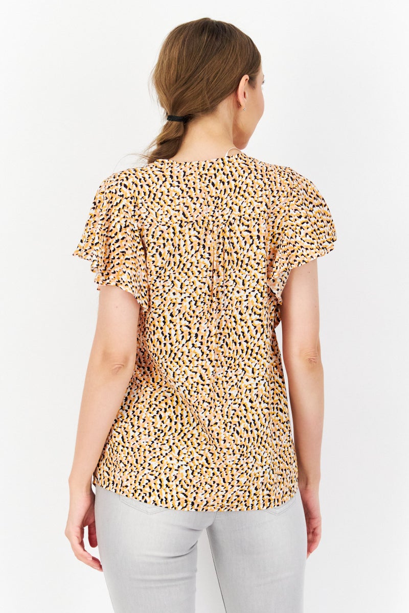 Women V-Neck Ruffle Neck Allover Print Top, Yellow Combo